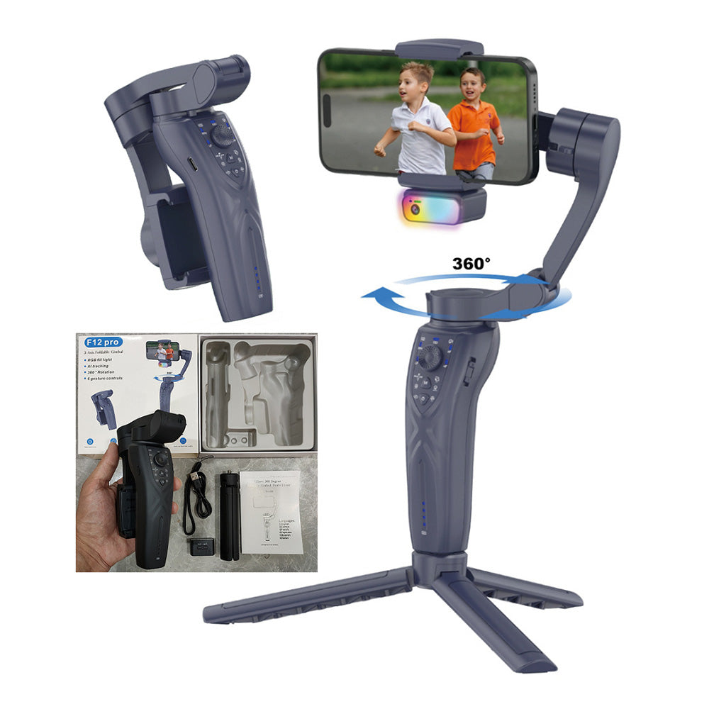 F12 Pro 360 Degree Rotation 3-Axis Gimbal Stabilizer for Smartphone AI Face Tracking Foldable Handheld Gimbal with RGB Fill Light