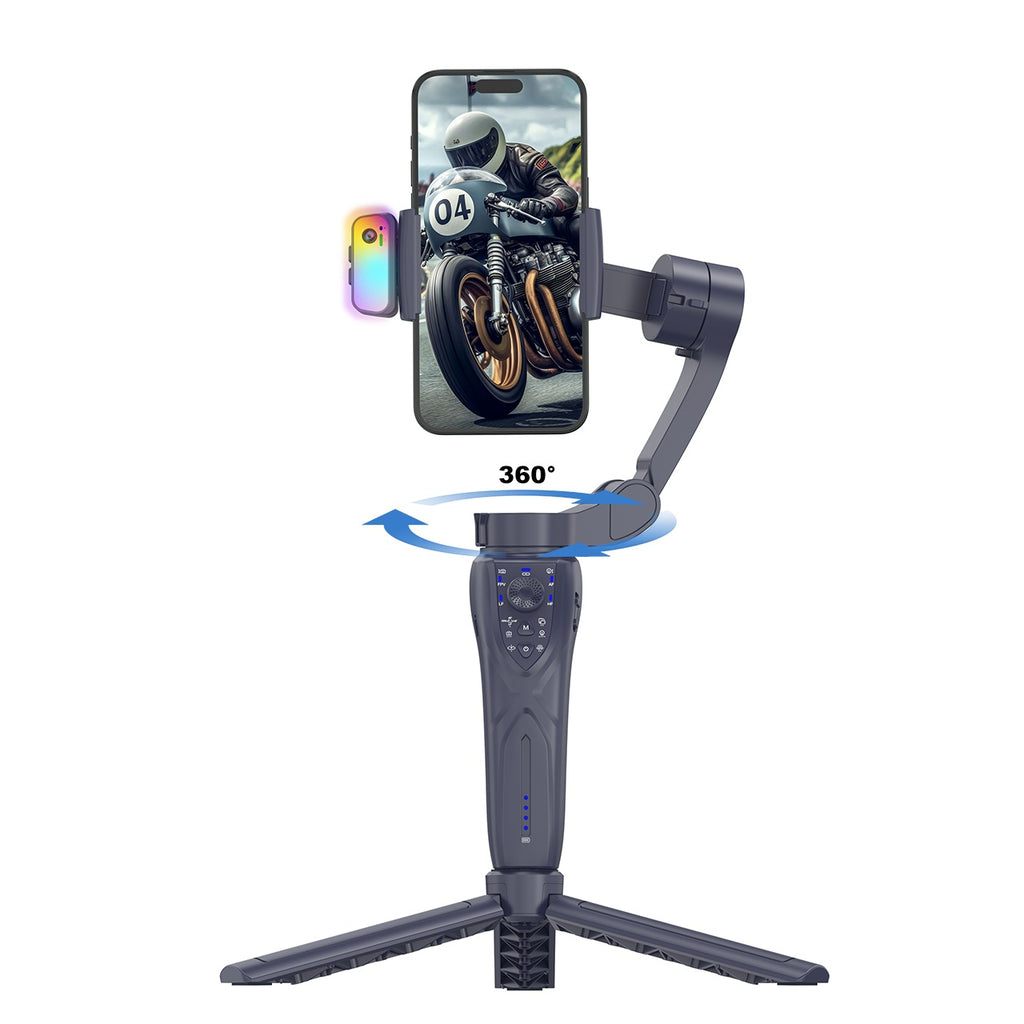 F12 Pro 360 Degree Rotation 3-Axis Gimbal Stabilizer for Smartphone AI Face Tracking Foldable Handheld Gimbal with RGB Fill Light