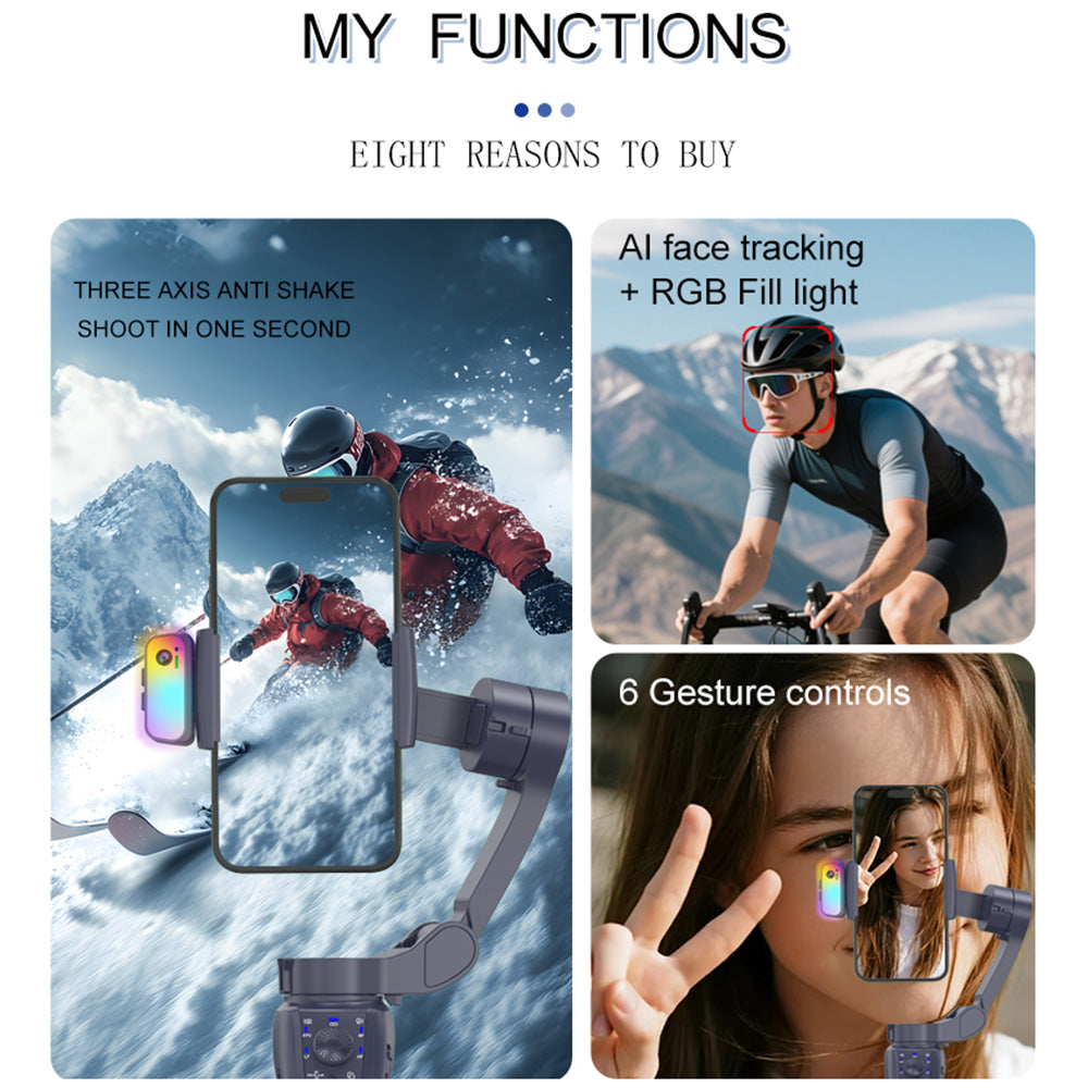 F12 Pro 360 Degree Rotation 3-Axis Gimbal Stabilizer for Smartphone AI Face Tracking Foldable Handheld Gimbal with RGB Fill Light