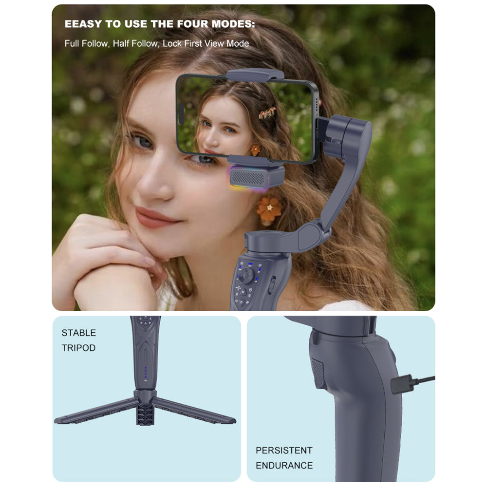 F12 Pro 360 Degree Rotation 3-Axis Gimbal Stabilizer for Smartphone AI Face Tracking Foldable Handheld Gimbal with RGB Fill Light