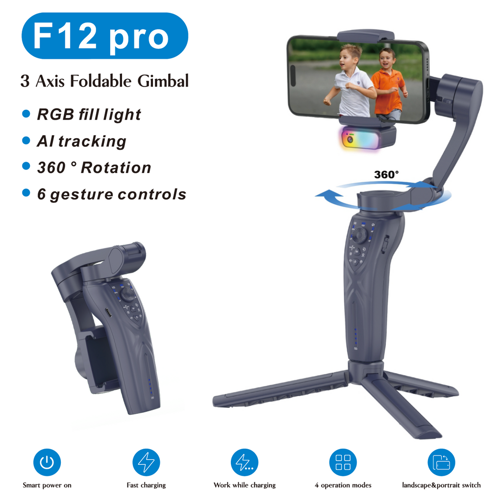 F12 Pro 360 Degree Rotation 3-Axis Gimbal Stabilizer for Smartphone AI Face Tracking Foldable Handheld Gimbal with RGB Fill Light