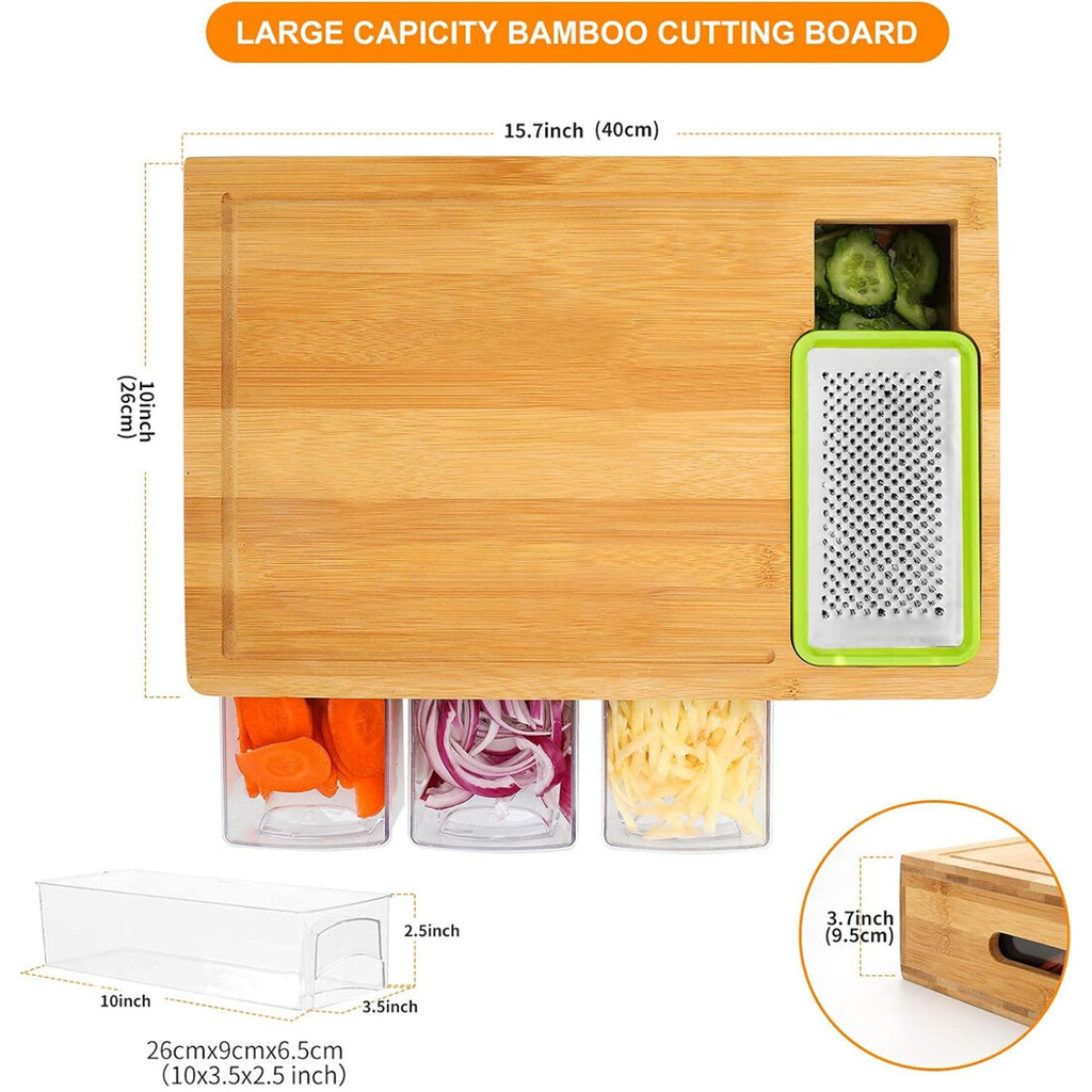 Chopping Board with Containers, Large Bamboo Cutting Board with anti slip pads