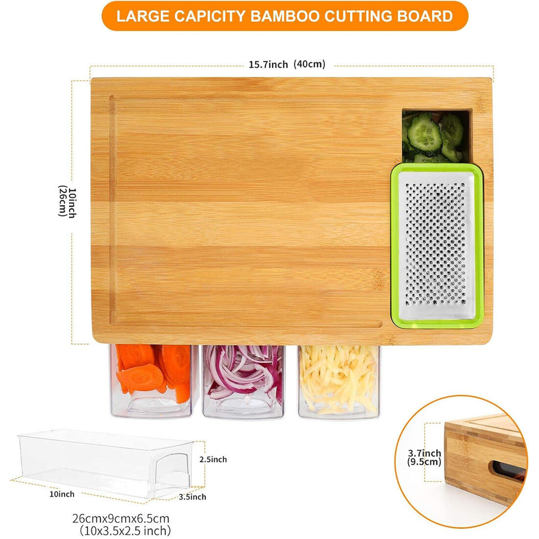 Chopping Board with Containers, Large Bamboo Cutting Board with anti slip pads
