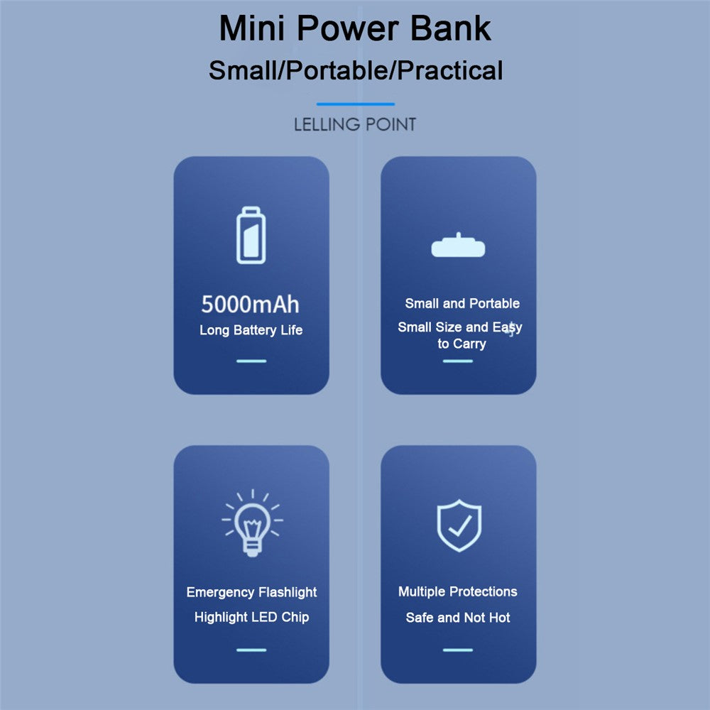 5000mAh Small Portable Charger Mini Power Bank Type-C Compact Phone Charger with Flashlight