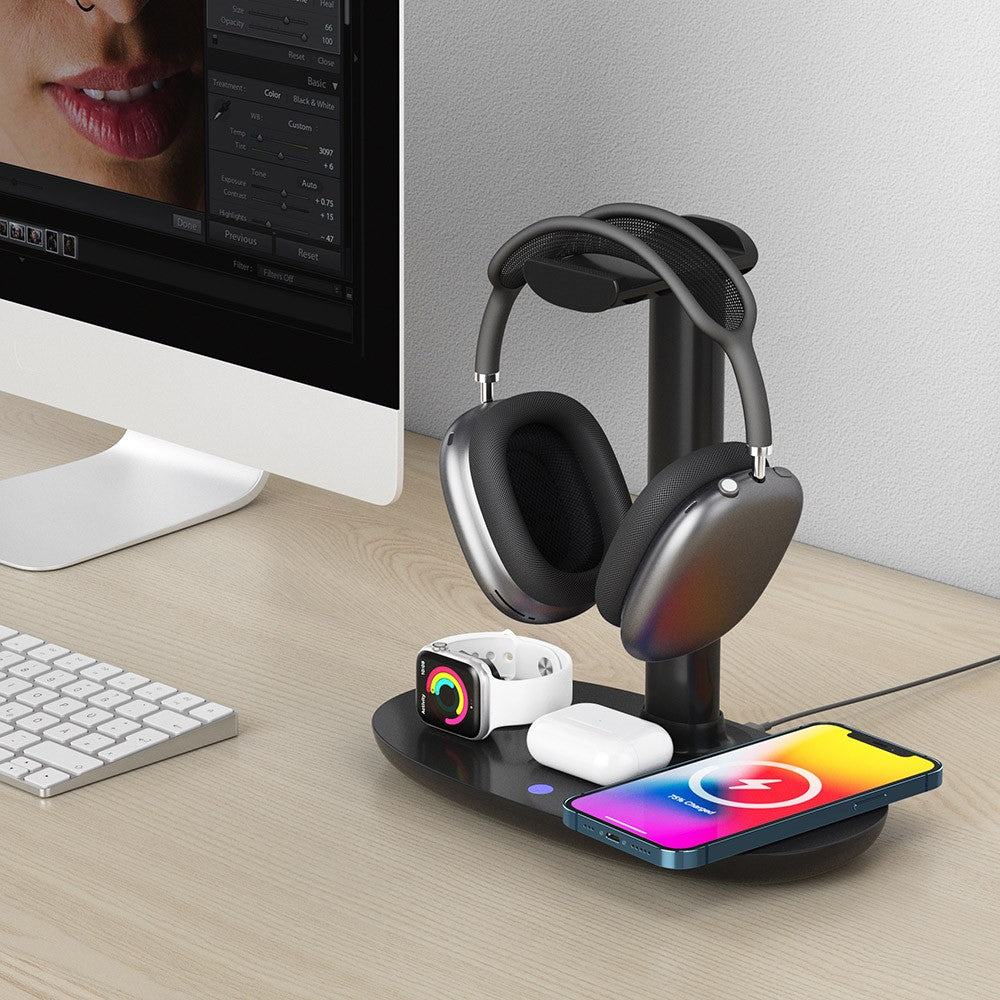 4-in-1 Wireless Charger with Headphone Hanger – Charging Station & Headset Holder