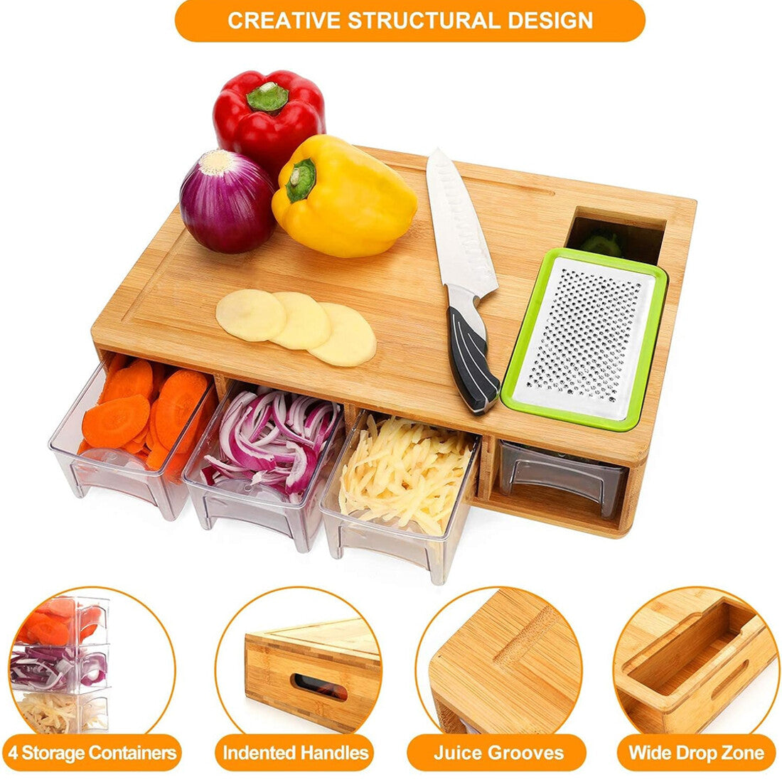 Chopping Board with Containers, Large Bamboo Cutting Board with anti slip pads