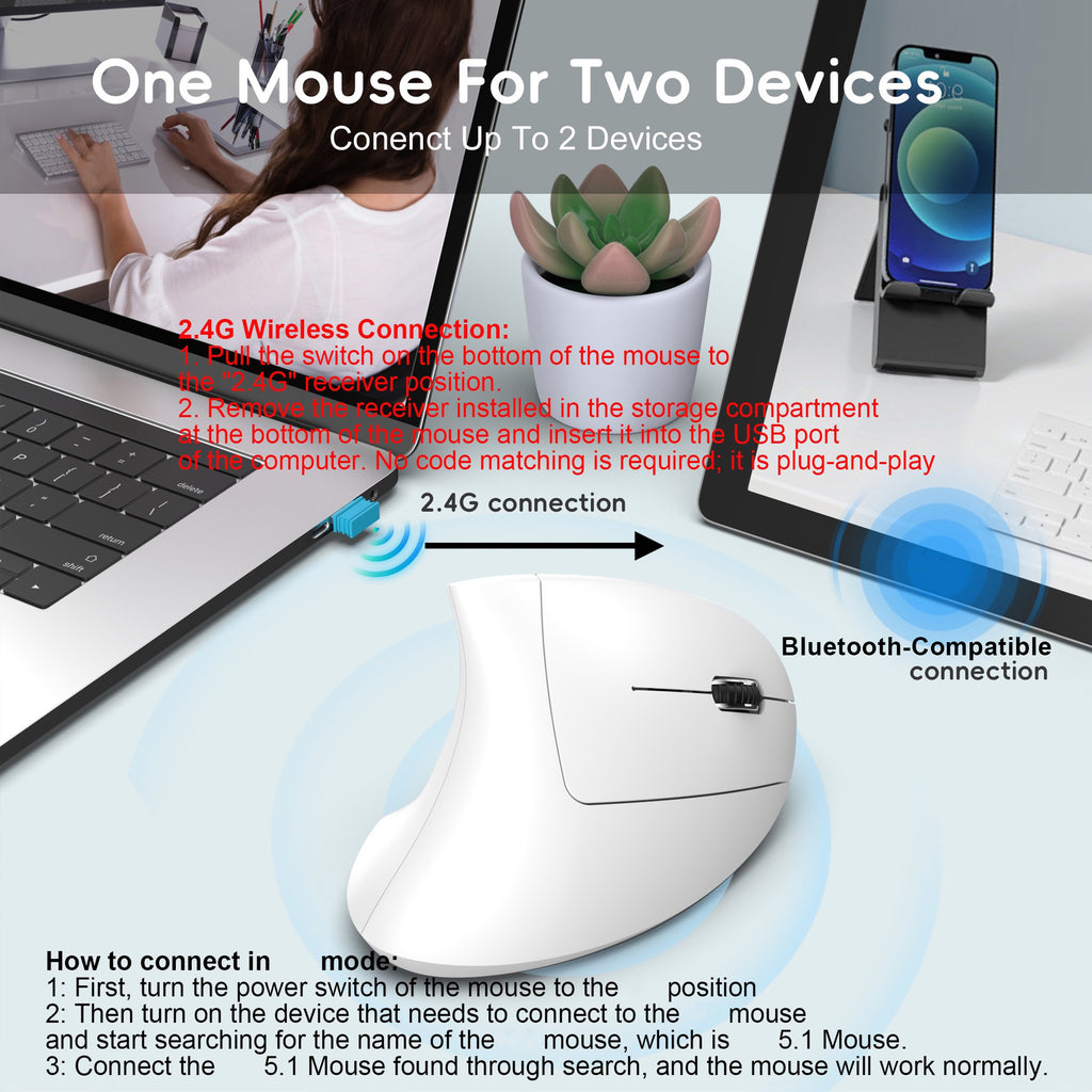 Ergonomic Vertical Mouse – Adjustable, Dual Mode 2.4G & Bluetooth, 2400 DPI