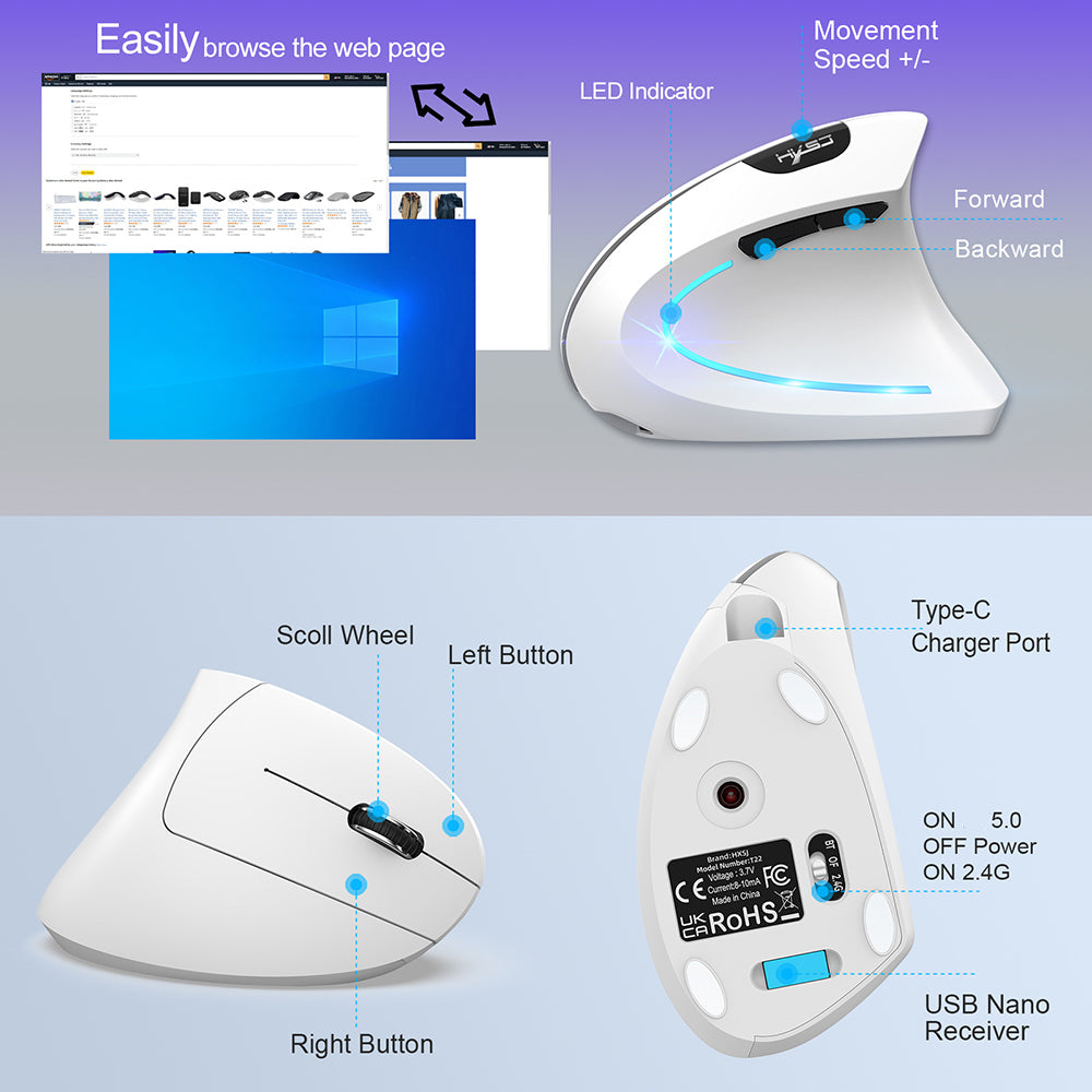 Ergonomic Vertical Mouse – Adjustable, Dual Mode 2.4G & Bluetooth, 2400 DPI