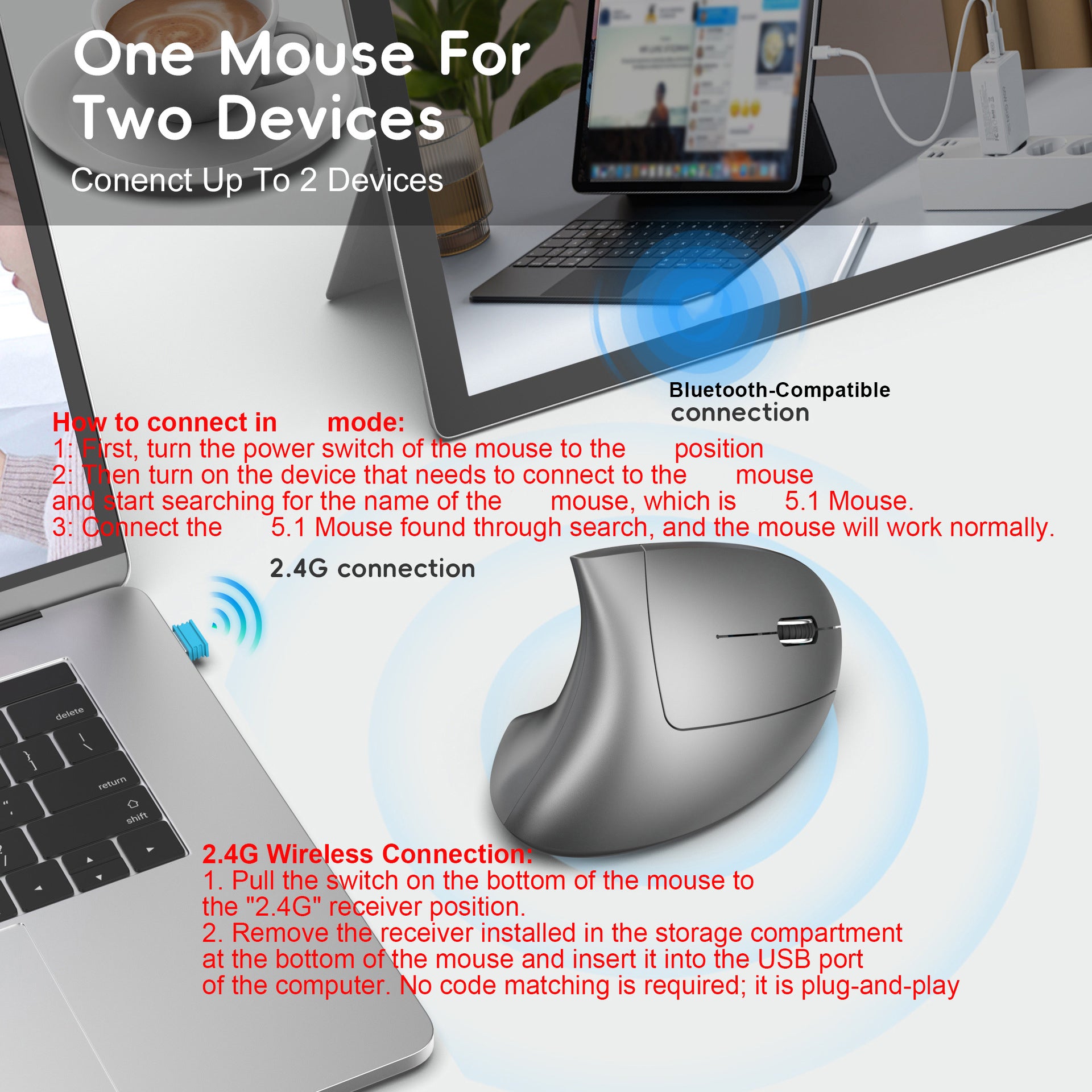 Ergonomic Vertical Mouse – Adjustable, Dual Mode 2.4G & Bluetooth, 2400 DPI