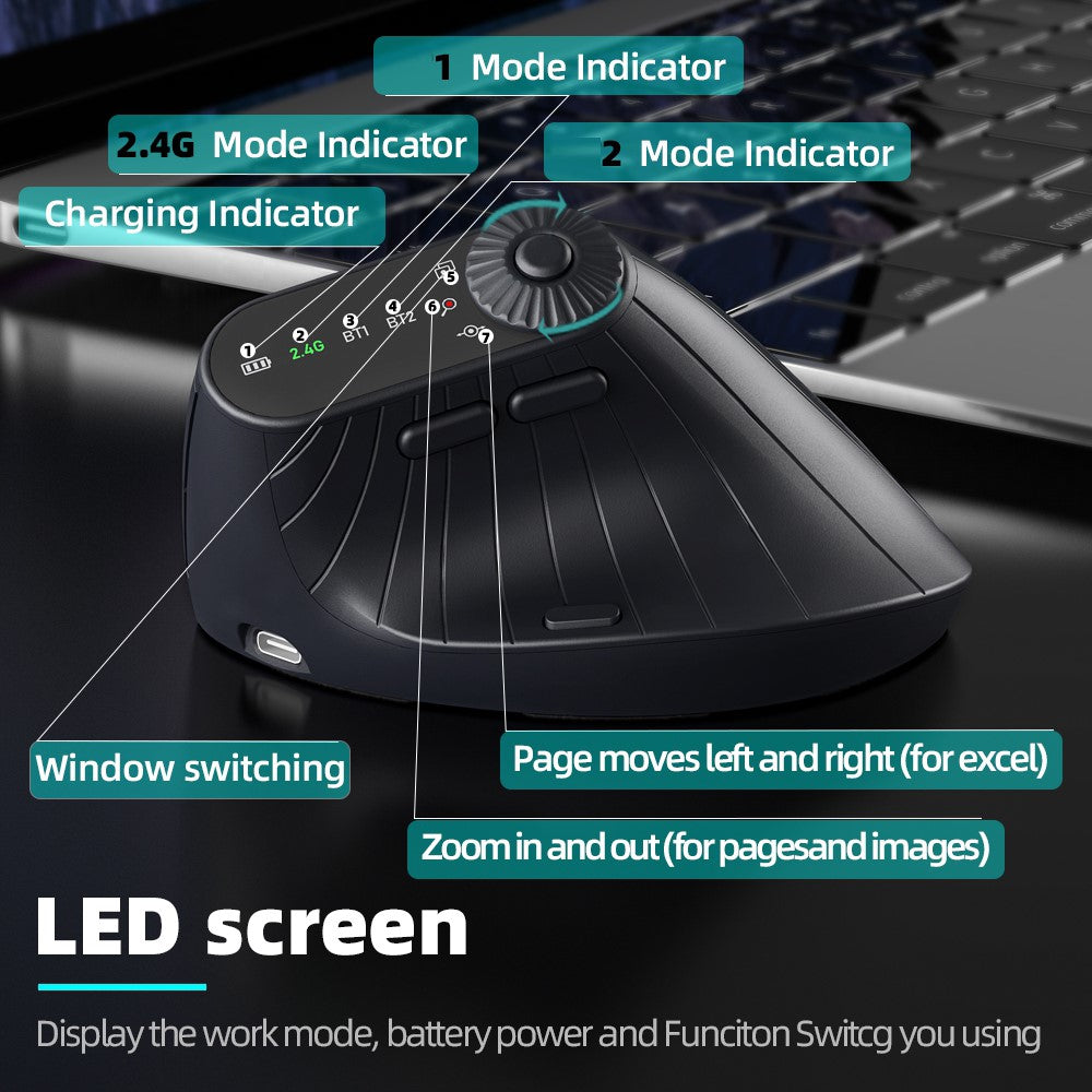 Ergonomic Vertical Mouse with LED Display – Rechargeable, Tri-Mode