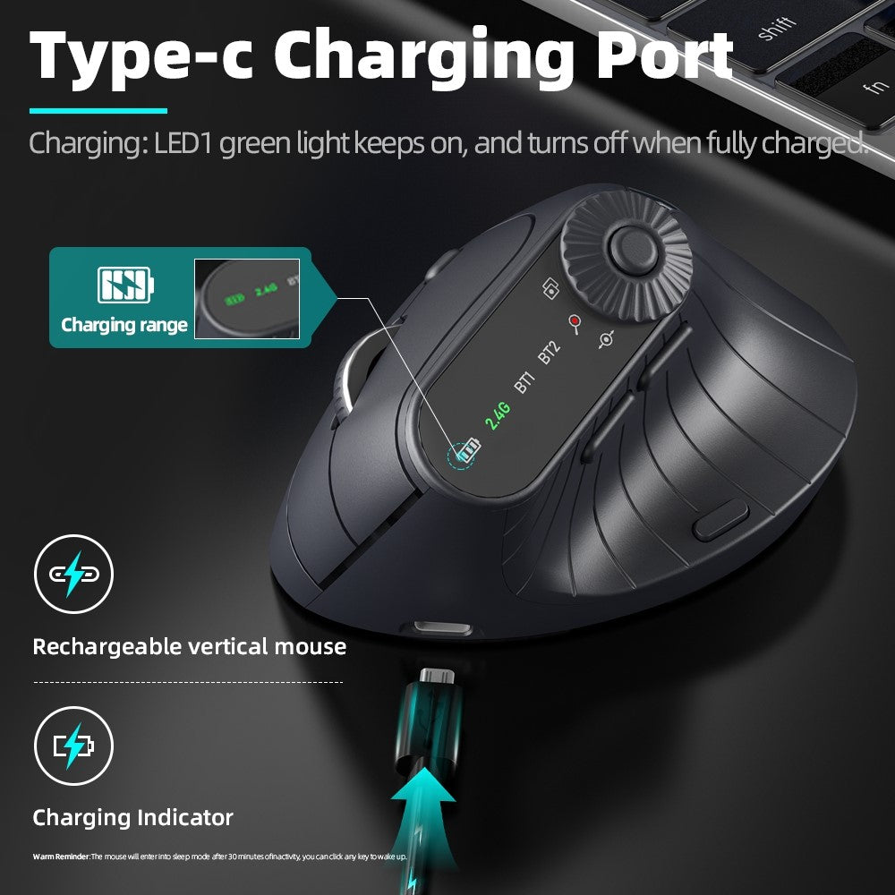 Ergonomic Vertical Mouse with LED Display – Rechargeable, Tri-Mode