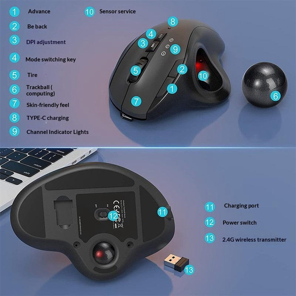 Ergonomic Trackball Mouse – Silent, Rechargeable, Dual Mode 2.4G & Bluetooth