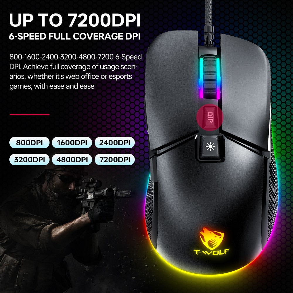 T-WOLF G590 Wired Gaming Mouse – RGB Light, Up to 7200 DPI