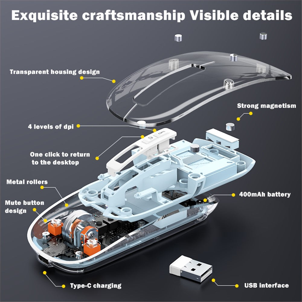 Transparent Wireless Gaming Mouse – RGB Light, Dual Mode 2.4G & Bluetooth