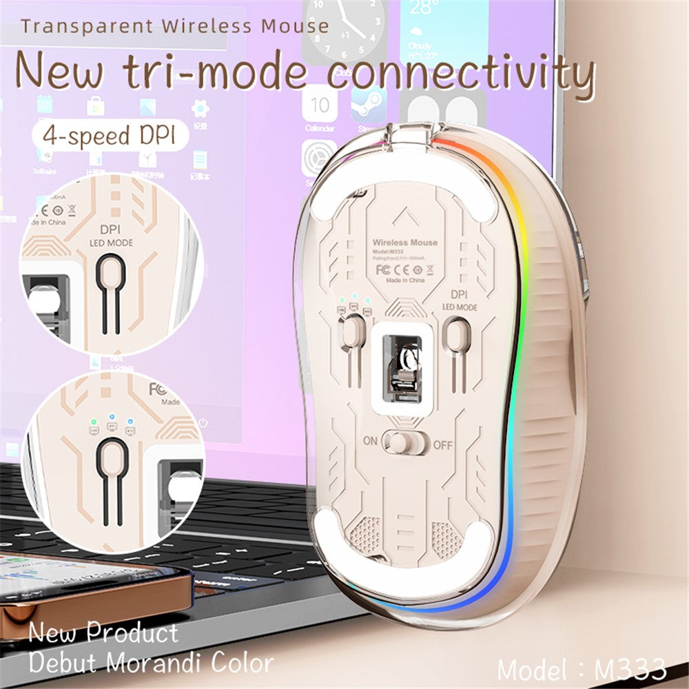 Transparent Wireless Mouse – Silent Click, Tri-Mode, RGB Light