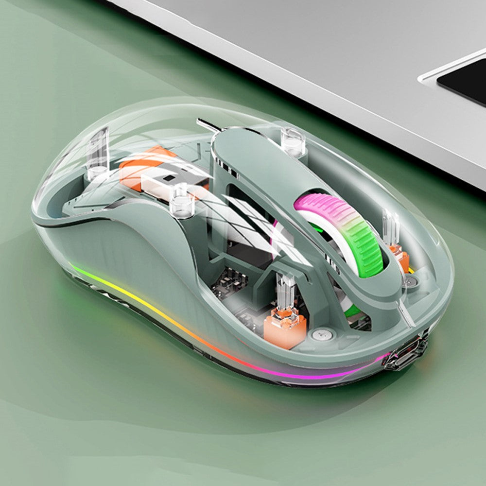 Transparent Wireless Mouse – Silent Click, Tri-Mode, RGB Light