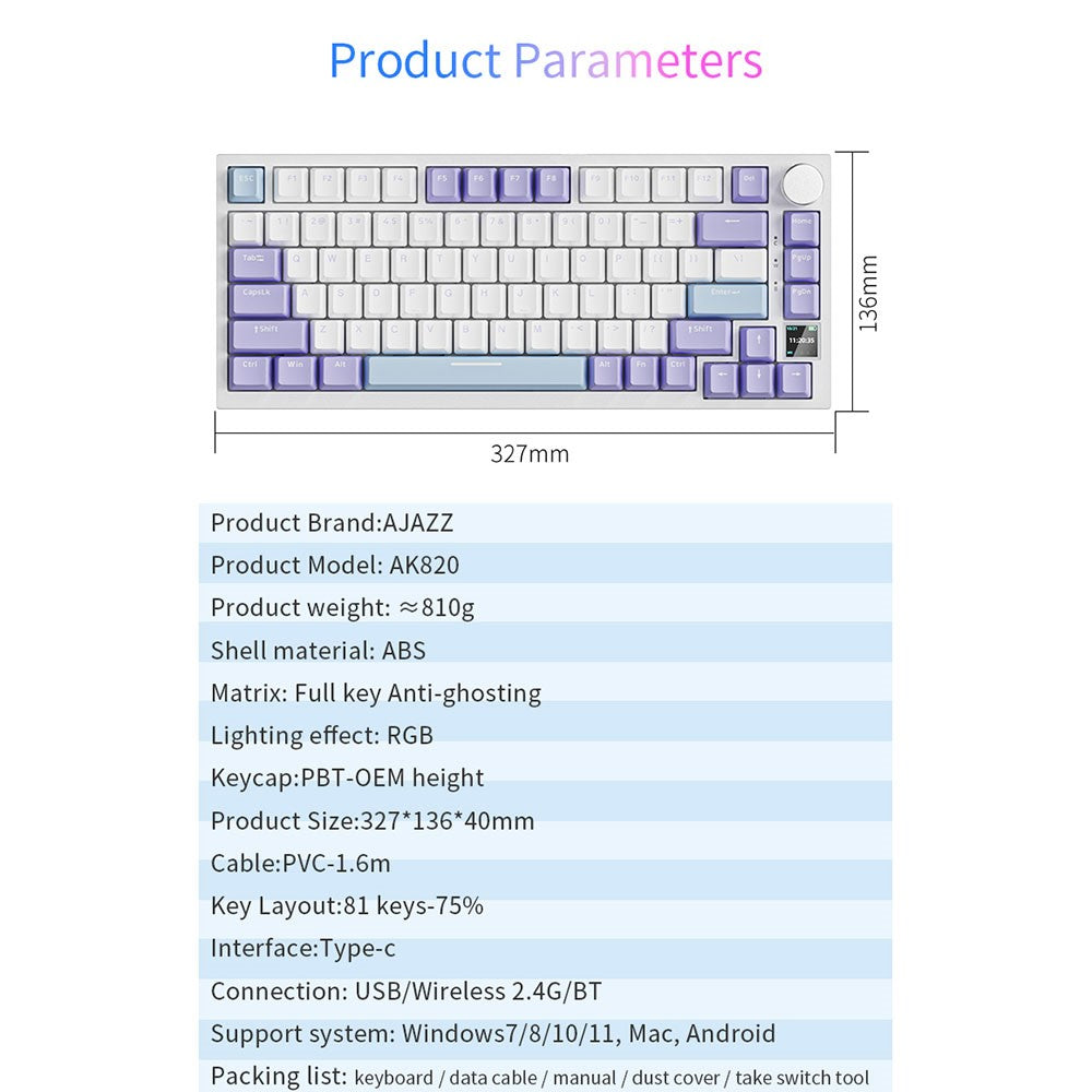 AJAZZ AK820 Pro Wireless Mechanical Keyboard – 81-Key, RGB, Flying Fish Switches
