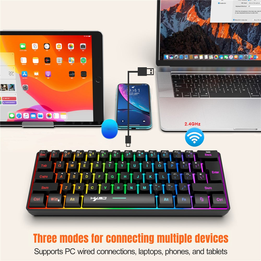 61-Key Tri-Mode Gaming Keyboard – 2.4G, Bluetooth & Wired, RGB Backlit