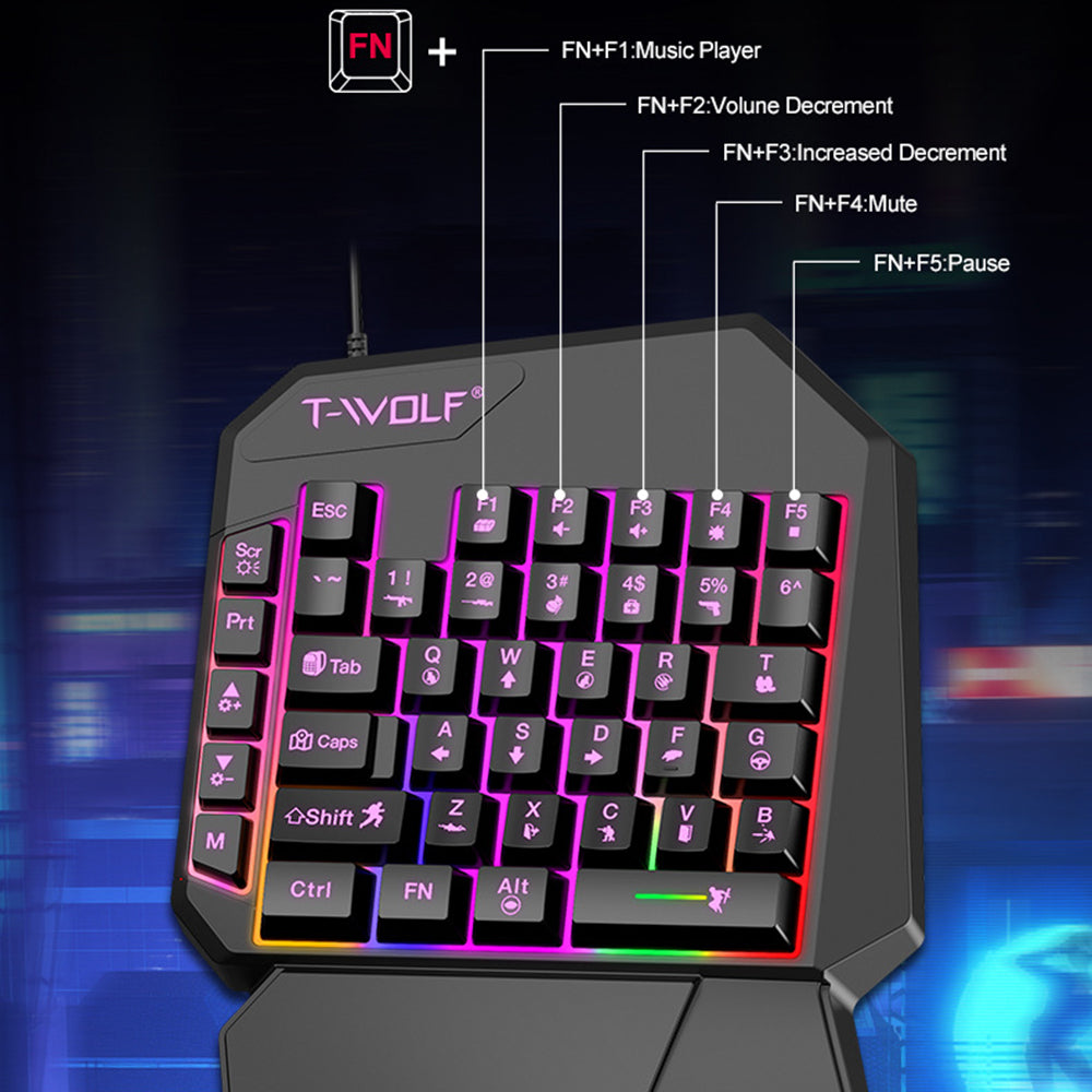 T-WOLF TF900 One-Handed Gaming Keyboard – Programmable, RGB Backlit