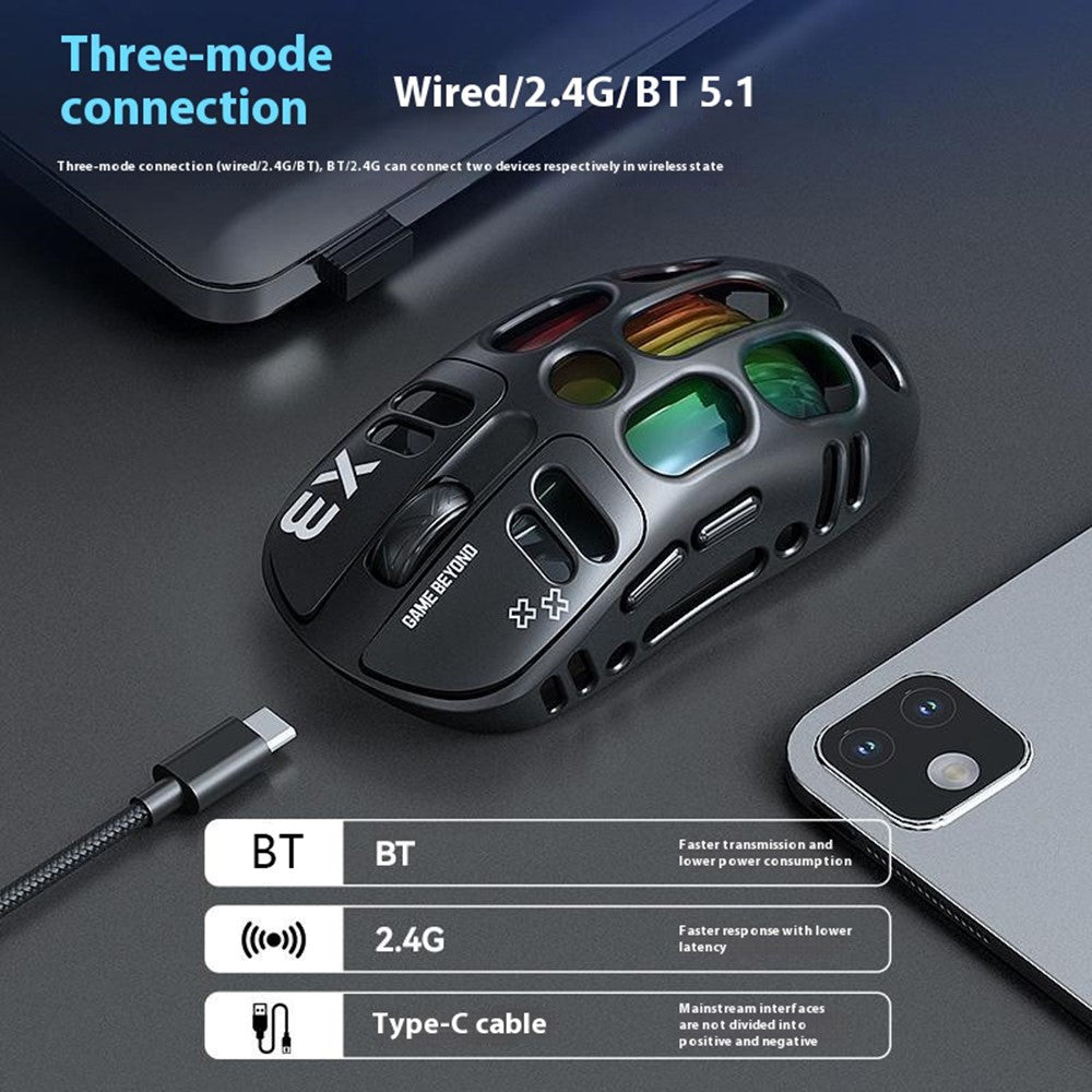 T-WOLF X3 Esports Gaming Mouse – Tri-Mode Wireless, RGB, Hollow Design