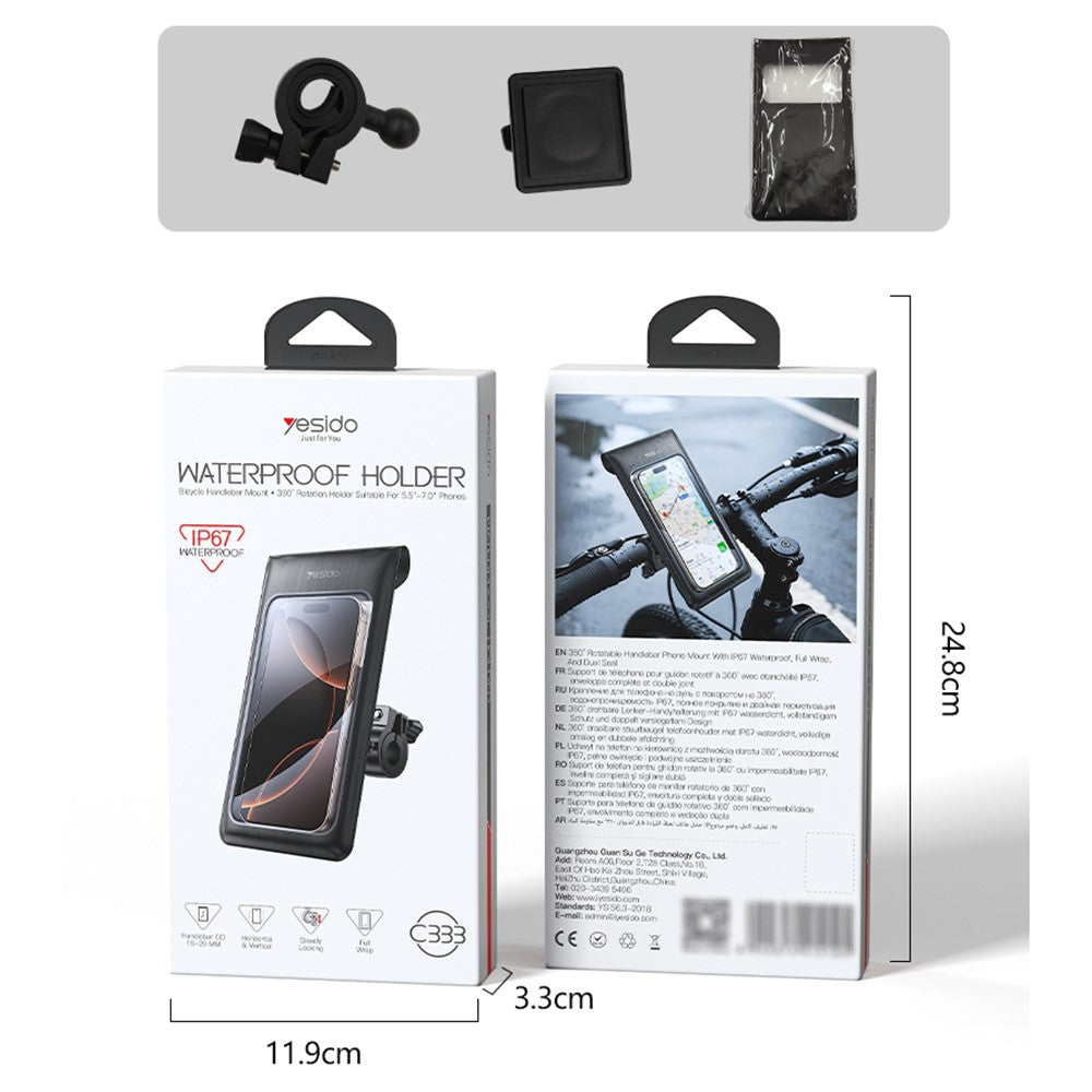 YESIDO C333 360 Degree Rotation Phone Holder Waterproof Bag for Bicycle Electric Bike Handlebar Mount