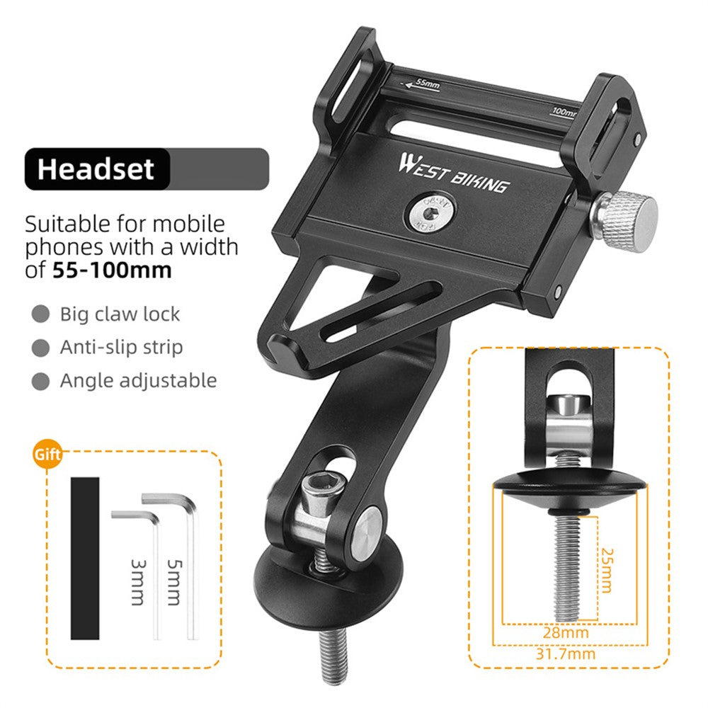 WEST BIKING YP0719360 MTB Road Bicycle Phone Holder Aluminum Alloy Bike Headset Mounted Phone Stand