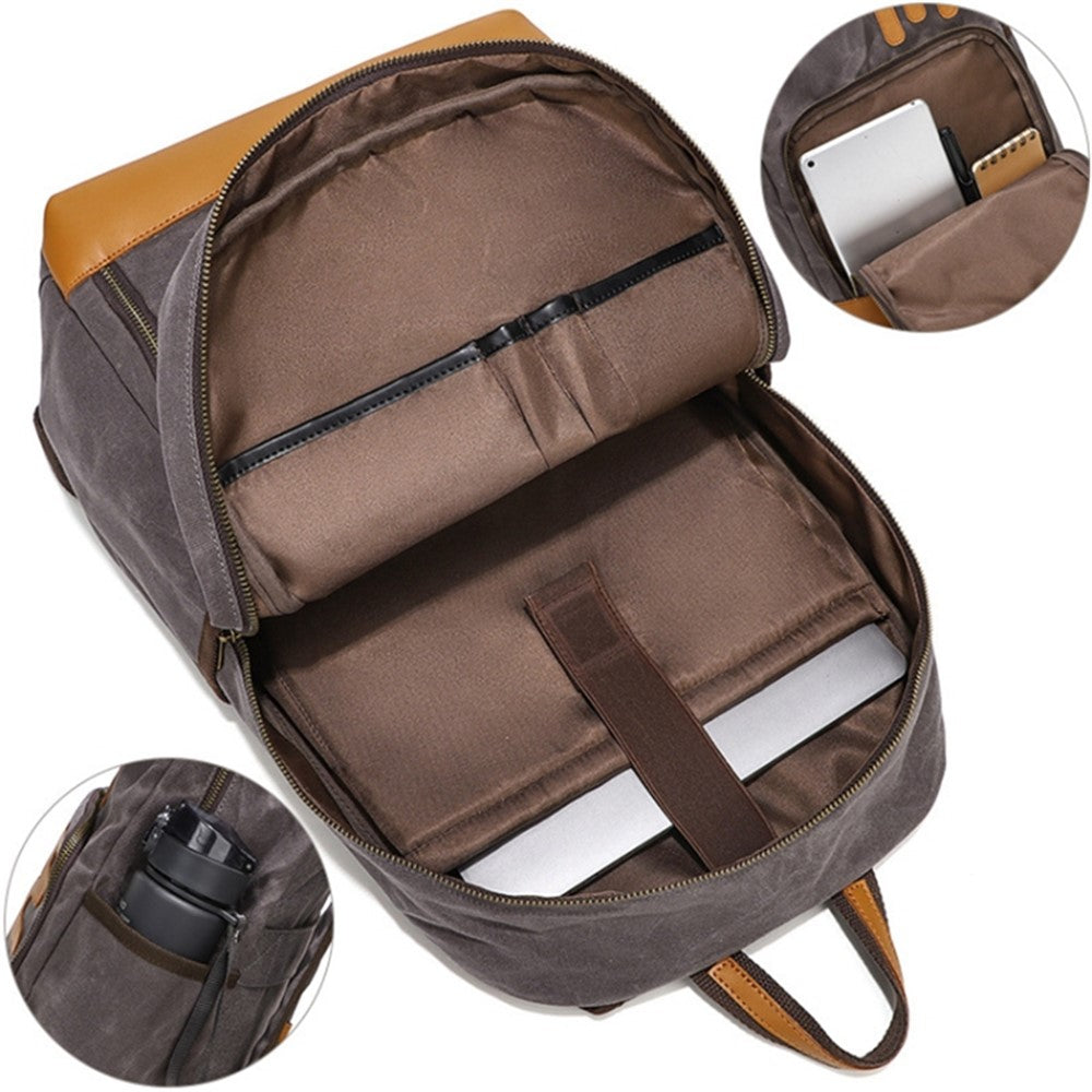 Retro Canvas+Cowhide Waterproof Backpack Student Men Dual Shoulder Laptop Bag