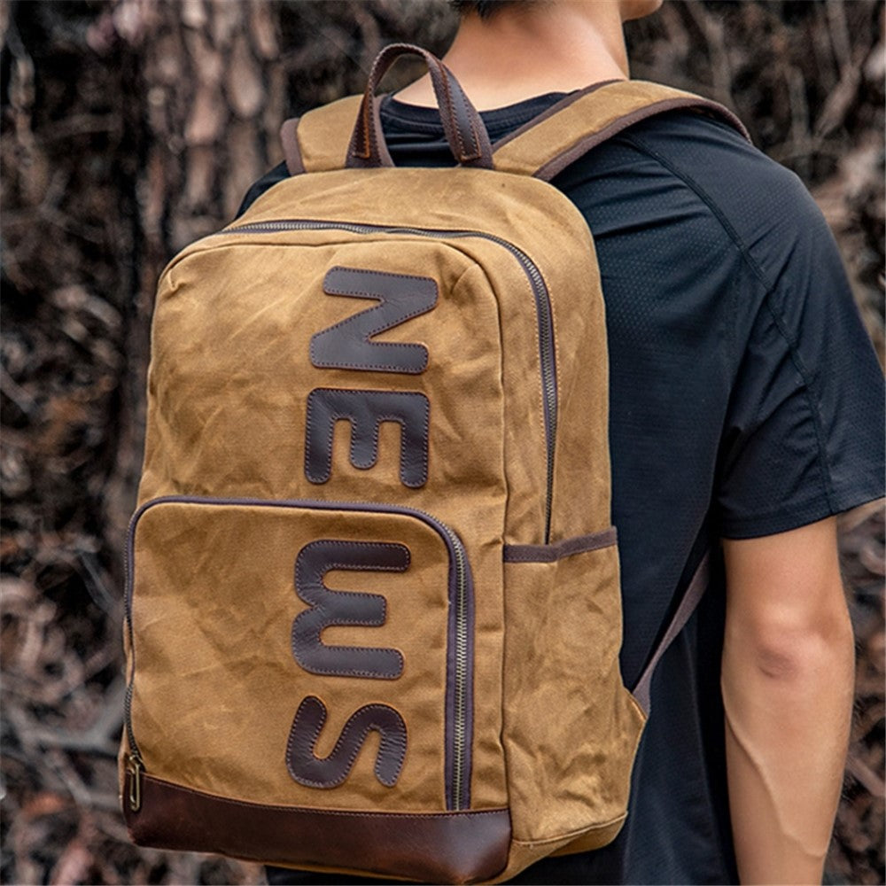 Retro Canvas+Cowhide Waterproof Backpack Student Men Dual Shoulder Laptop Bag