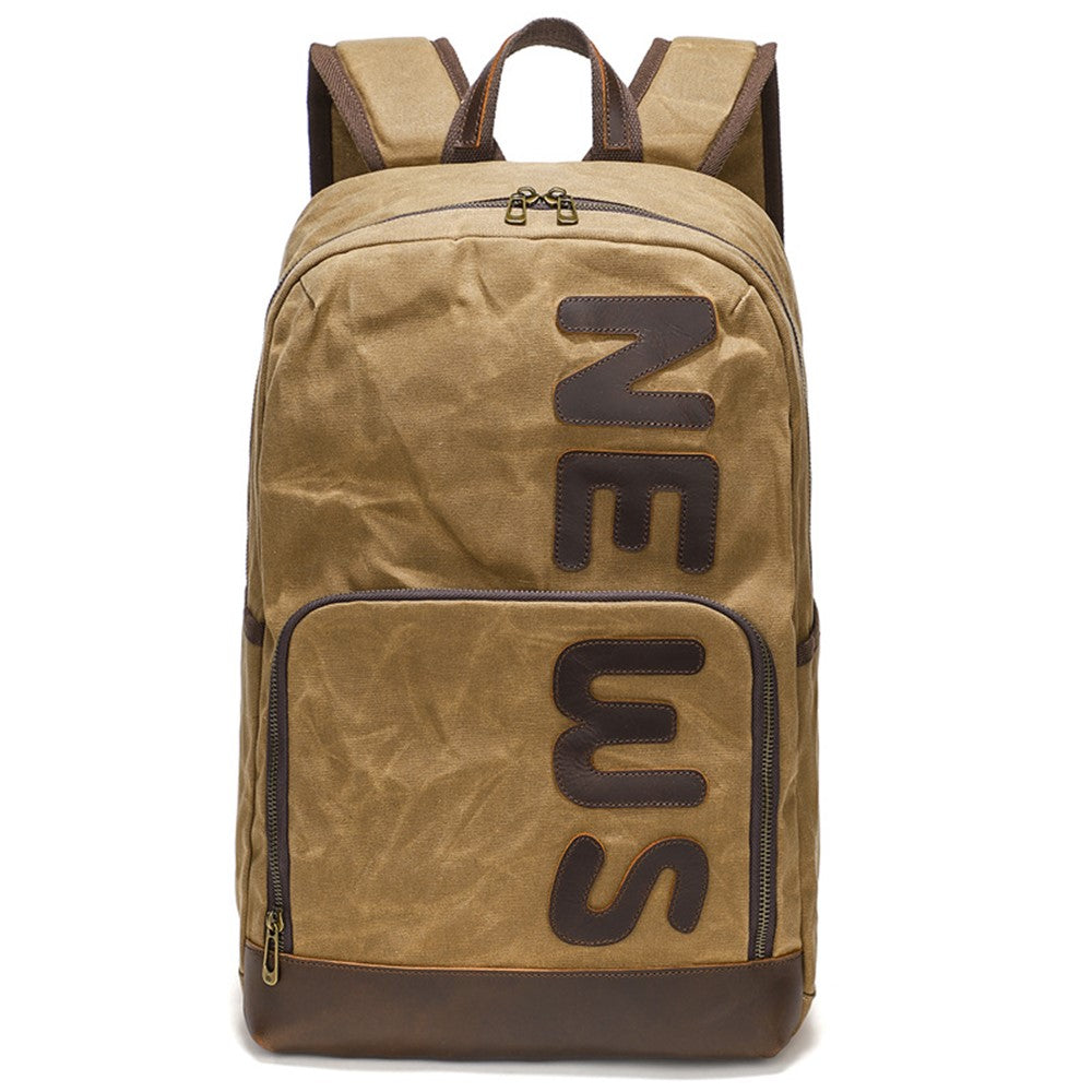 Retro Canvas+Cowhide Waterproof Backpack Student Men Dual Shoulder Laptop Bag