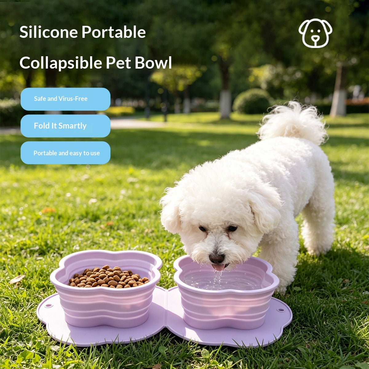 2 in 1 Silicone Collapsible Double Pet Bowl Water and Food Feeder for Travel Outdoor (BPA Free, No FDA)