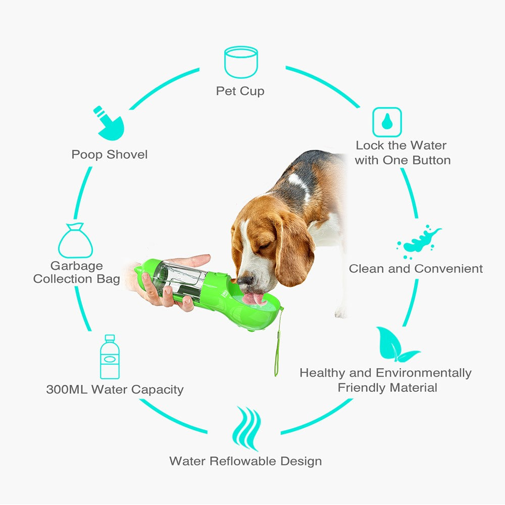 SH-01 Multifunction 300ML Dog Travel Water Bottle Gift with Poop Dispenser Perfect for Walking, Hiking, On The Go and Car Rides Pets Drinking (BPA-Free, CE / CPC / FDA / ROHS Certified)