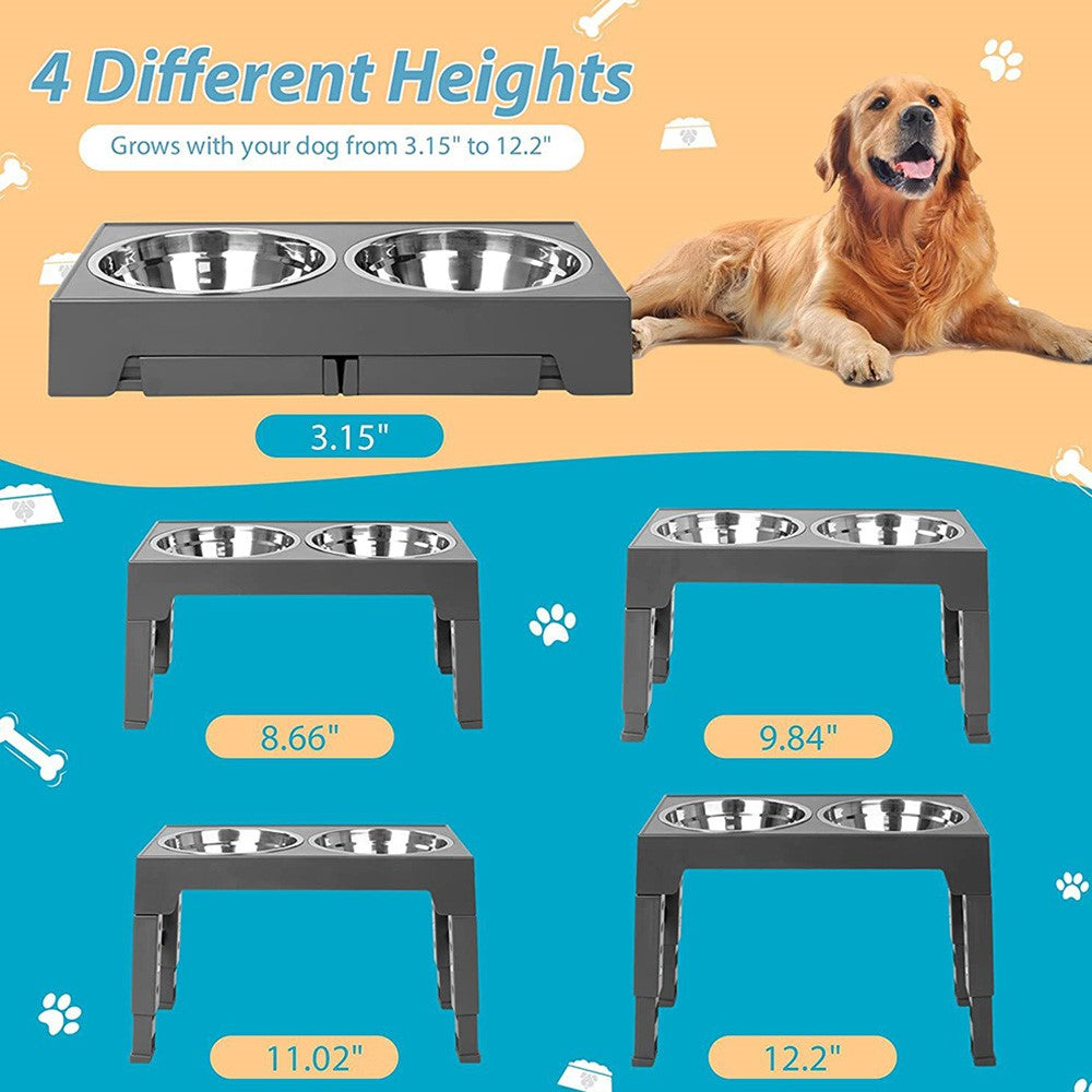 Pet Dog Puppy Bowl Raised 4 Adjustable Heights Stainless Steel Bowl + ABS Rack Holder Stand (BPA-Free, No Certified)
