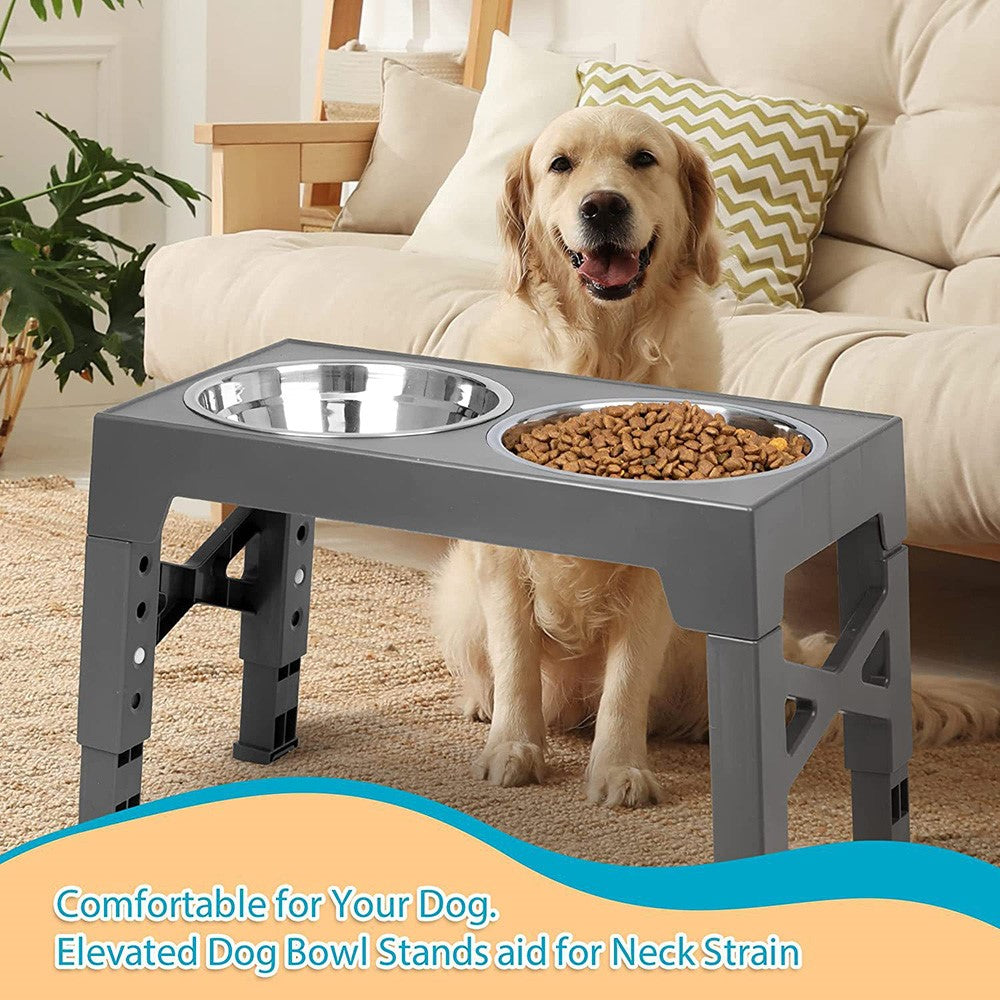 Pet Dog Puppy Bowl Raised 4 Adjustable Heights Stainless Steel Bowl + ABS Rack Holder Stand (BPA-Free, No Certified)