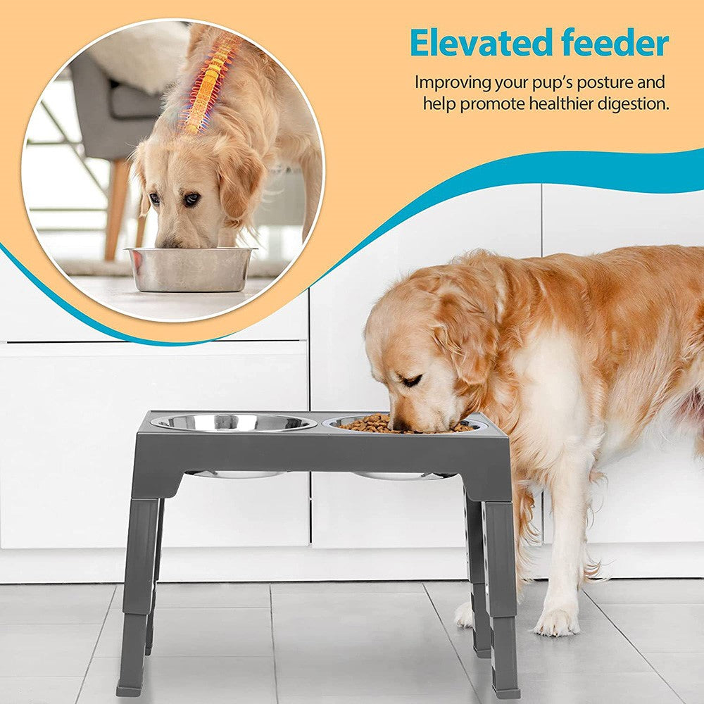 Pet Dog Puppy Bowl Raised 4 Adjustable Heights Stainless Steel Bowl + ABS Rack Holder Stand (BPA-Free, No Certified)