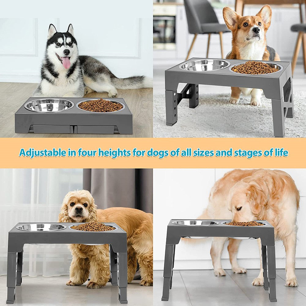 Pet Dog Puppy Bowl Raised 4 Adjustable Heights Stainless Steel Bowl + ABS Rack Holder Stand (BPA-Free, No Certified)