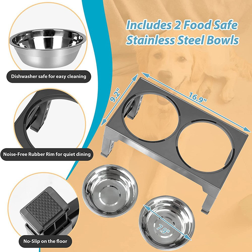 Pet Dog Puppy Bowl Raised 4 Adjustable Heights Stainless Steel Bowl + ABS Rack Holder Stand (BPA-Free, No Certified)