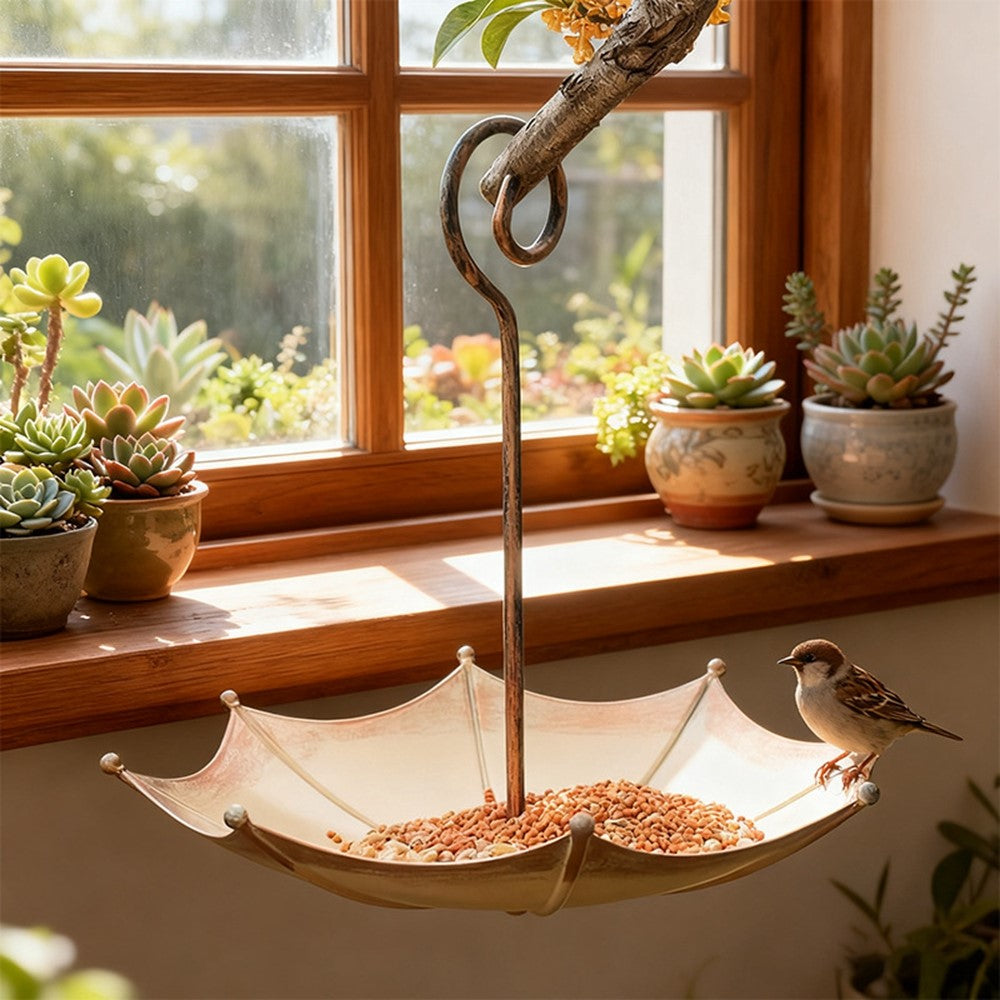 Vintage Umbrella Bird Feeder Iron Hanging Garden Outdoor Bird Food Dish Decorative