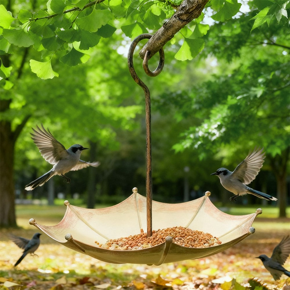 Vintage Umbrella Bird Feeder Iron Hanging Garden Outdoor Bird Food Dish Decorative