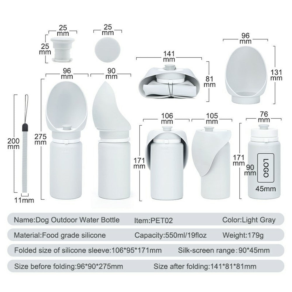 PET02 Portable Dog Water Bottle 550ml Food Grade Silicone Foldable Drinking Dispenser for Outdoor