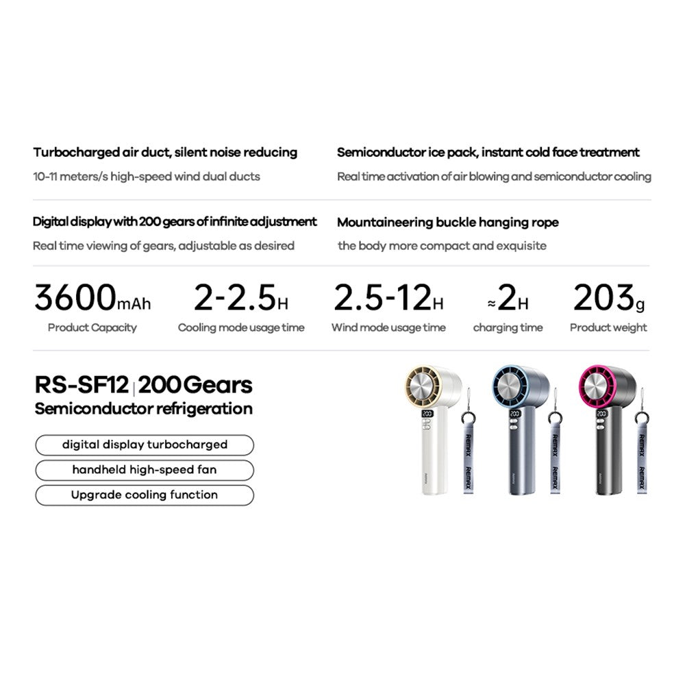 REMAX RS-SF12 Handheld High-Speed Fan with Strap Semiconductor Turbo Boost Digital Display Cooling Fan