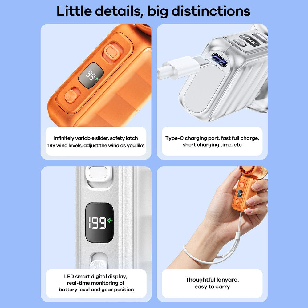 REMAX RS-SF25 Handheld Mini Fan Portable Fan 199 Speed Levels LED Display Cooling Fan for Travel Outdoor