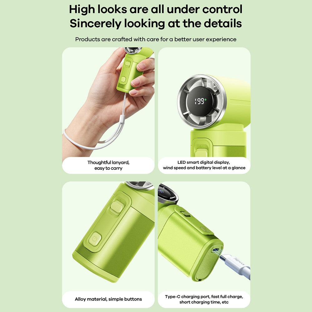 REMAX RS-SF26 Mini Metal Handheld Fan 199 Speed Levels Digital Display Portable Cooling Fan