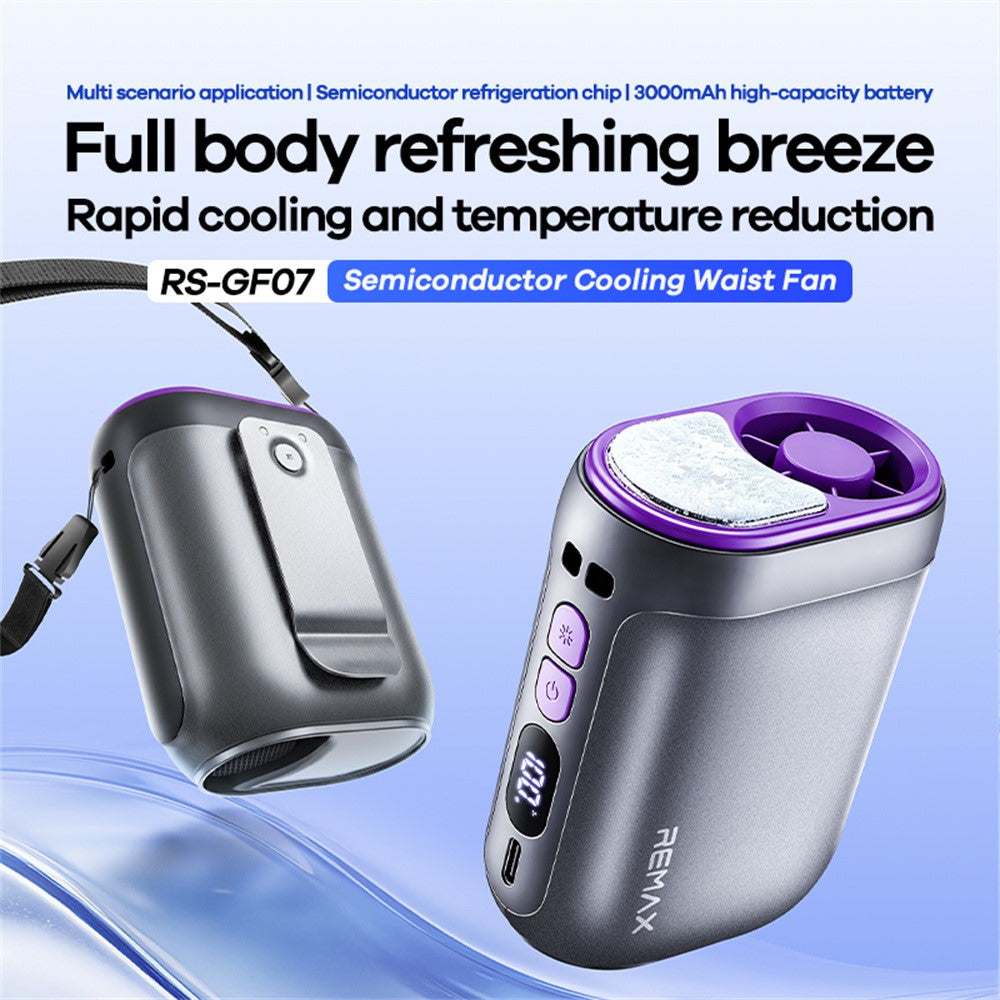 REMAX RS-GF07 Semiconductor Cooling Waist Fan 3000mAh 100-Speed Neck Hanging Portable Fan for Outdoor
