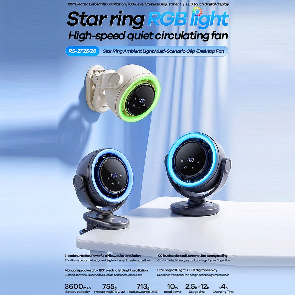 REMAX RS-ZF26 Star Ring RGB Light Fan 3600mAh 100-Level Stepless Adjustment Auto Oscillation Desktop Fan