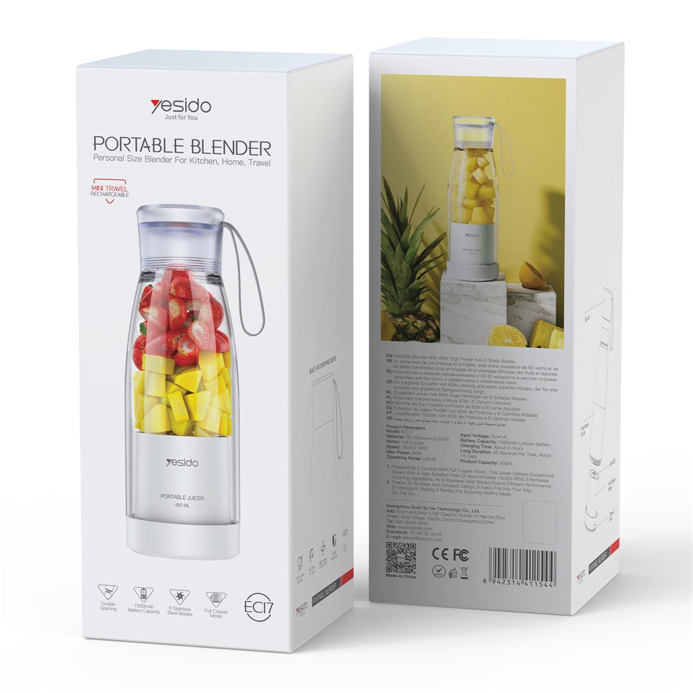 Portable Rechargeable Juicer – 450ml Stainless Steel Blender, BPA-Free (YESIDO EC17)