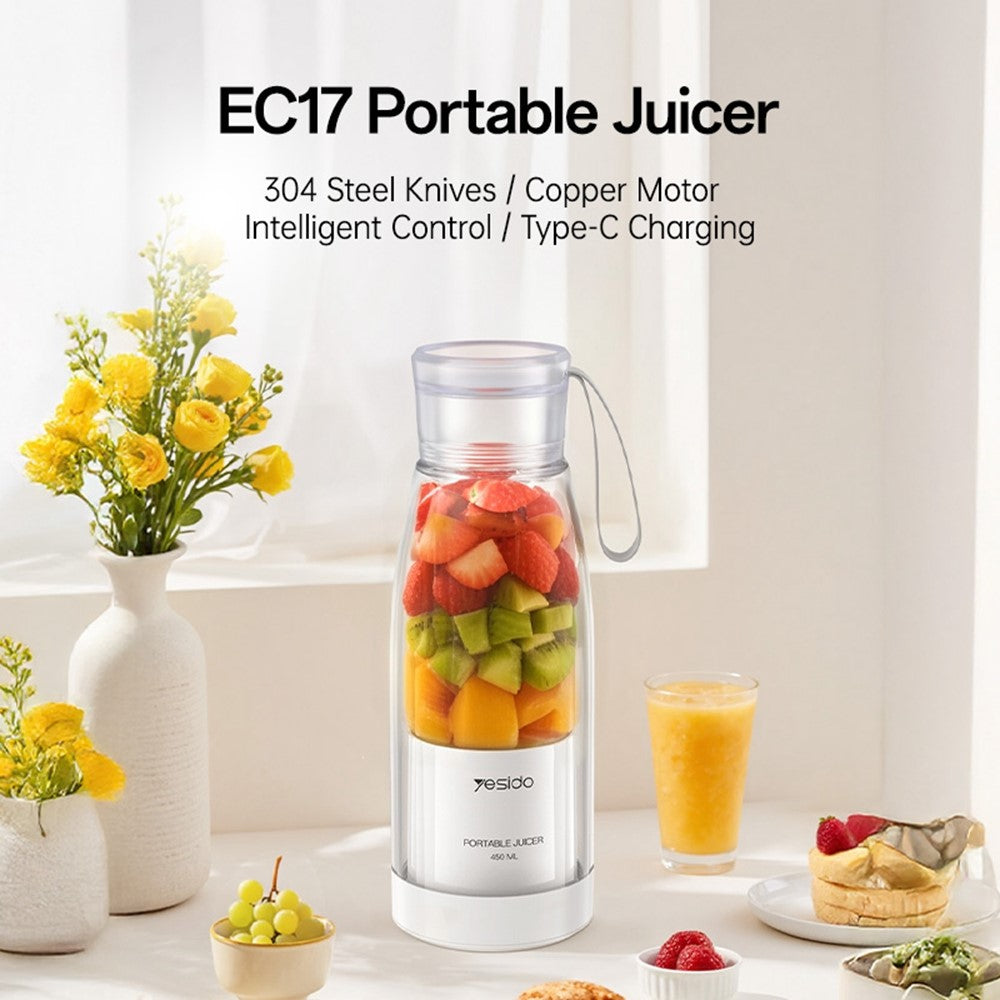 Portable Rechargeable Juicer – 450ml Stainless Steel Blender, BPA-Free (YESIDO EC17)