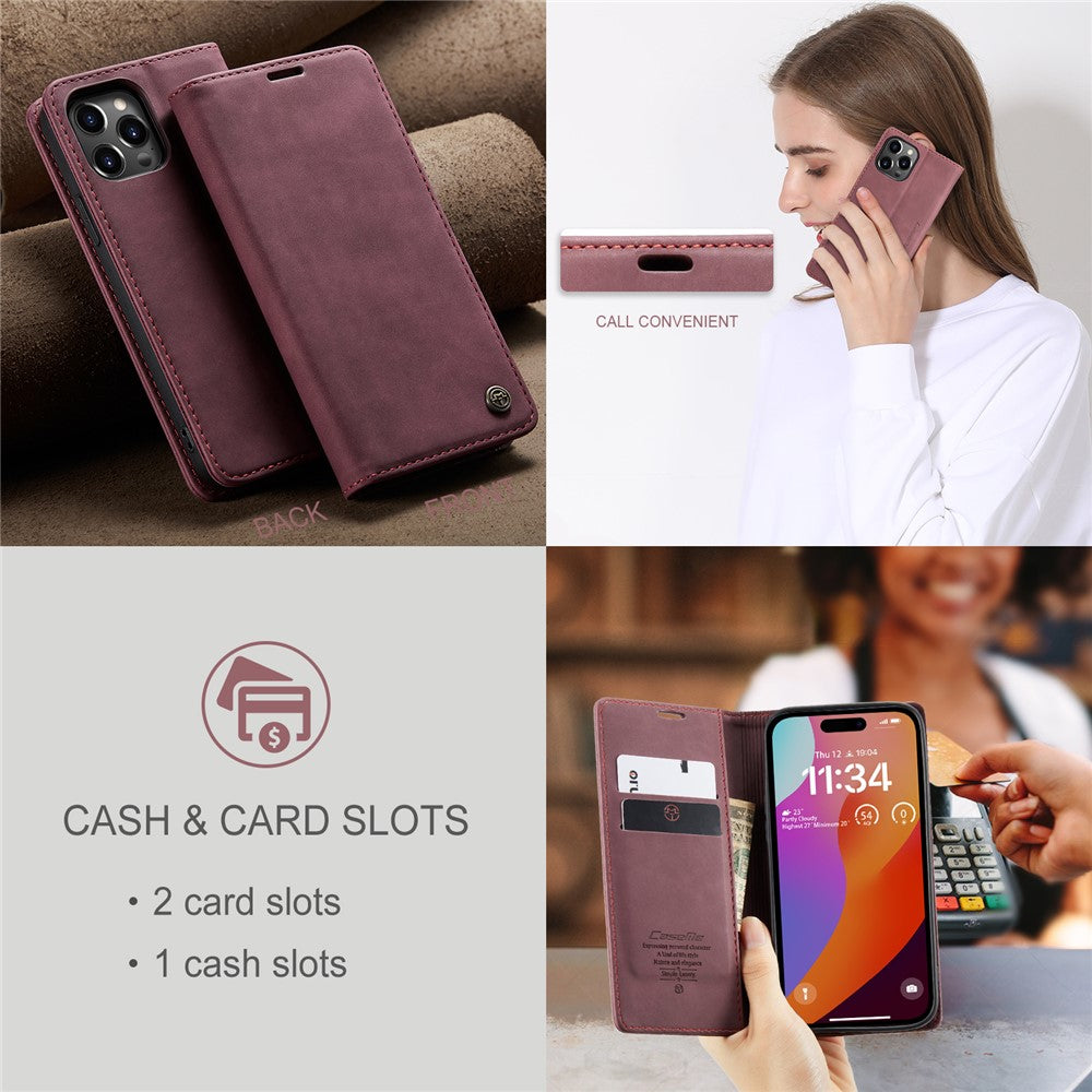 CASEME 013 Series For iPhone 16 Pro Case Card Holder Stand Leather Phone Cover