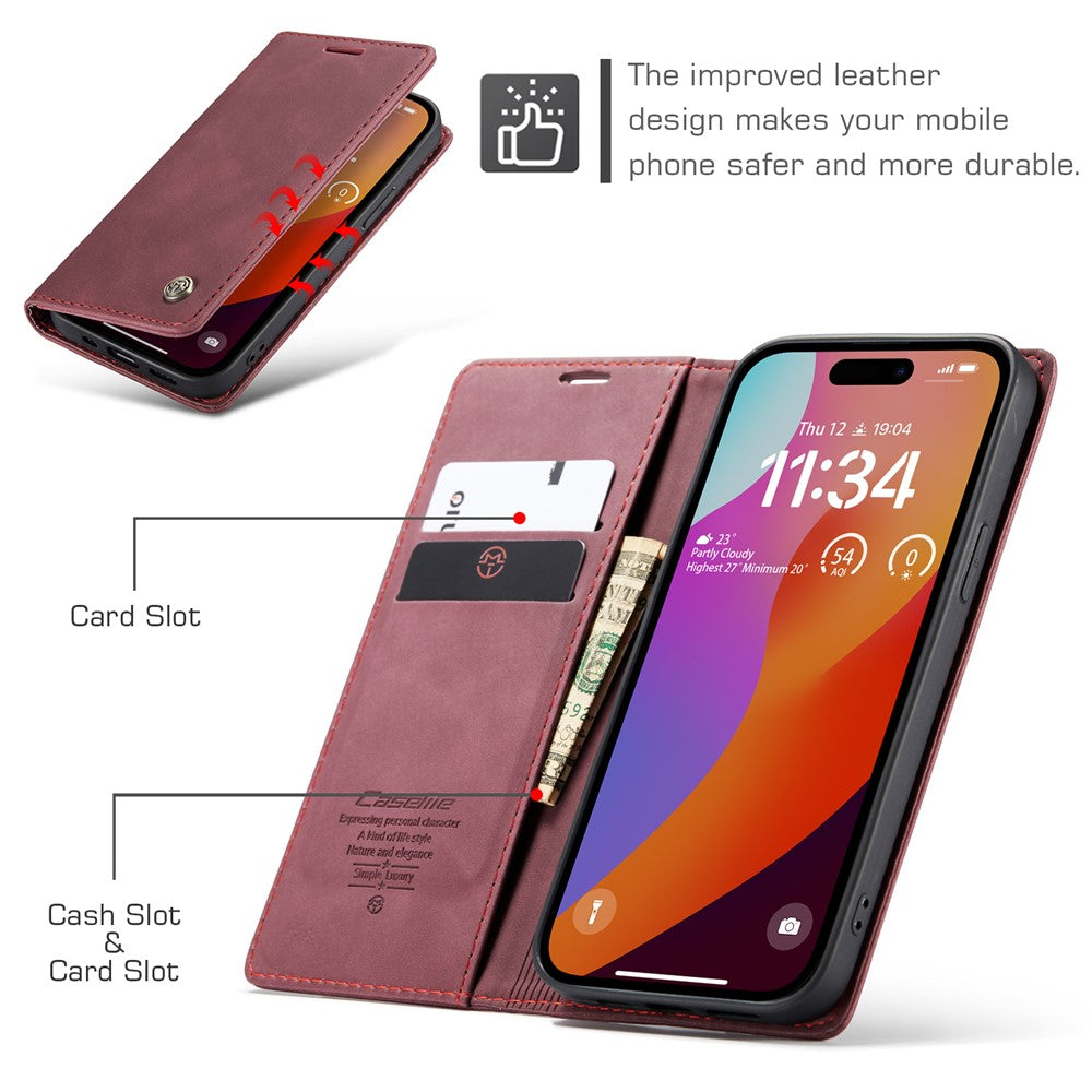 CASEME 013 Series For iPhone 16 Pro Case Card Holder Stand Leather Phone Cover
