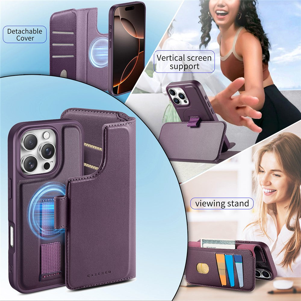 CASENEO For iPhone 16 Pro Magnetic Case RFID Blocking Wallet Detachable Leather Phone Cover with Wristband