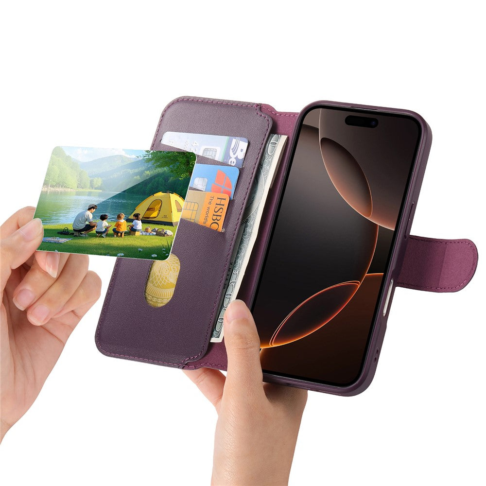 CASENEO For iPhone 16 Pro Magnetic Case RFID Blocking Wallet Detachable Leather Phone Cover with Wristband